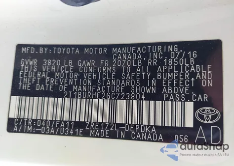 2016 Toyota Corolla L from USA, damaged, VIN 2T1BURHE2GC723804